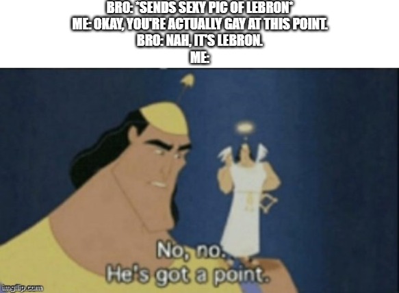 he's got a point tho. | BRO: *SENDS SEXY PIC OF LEBRON*
ME: OKAY, YOU'RE ACTUALLY GAY AT THIS POINT.
BRO: NAH, IT'S LEBRON.
ME: | image tagged in no no hes got a point,bro | made w/ Imgflip meme maker