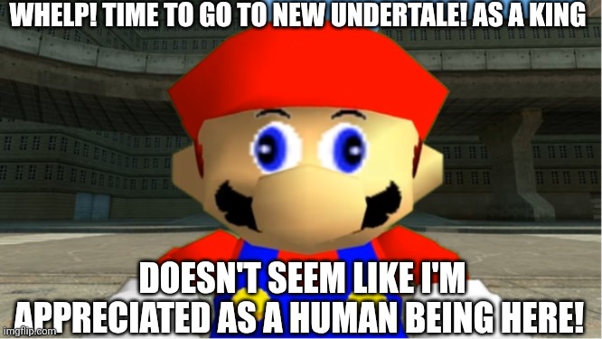 SMG4 Mario derp reaction | WHELP! TIME TO GO TO NEW UNDERTALE! AS A KING DOESN'T SEEM LIKE I'M APPRECIATED AS A HUMAN BEING HERE! | image tagged in smg4 mario derp reaction | made w/ Imgflip meme maker