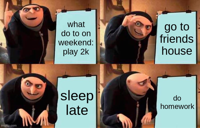 Gru's Plan Meme | what do to on weekend:
play 2k; go to friends house; sleep late; do homework | image tagged in memes,gru's plan | made w/ Imgflip meme maker