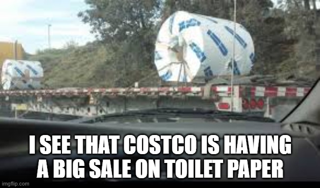 Costco is having a sell on toilet paper. Get some while you can.  --  funny  -- | I SEE THAT COSTCO IS HAVING A BIG SALE ON TOILET PAPER | image tagged in funny,costco,toilet paper,humor,play on words | made w/ Imgflip meme maker