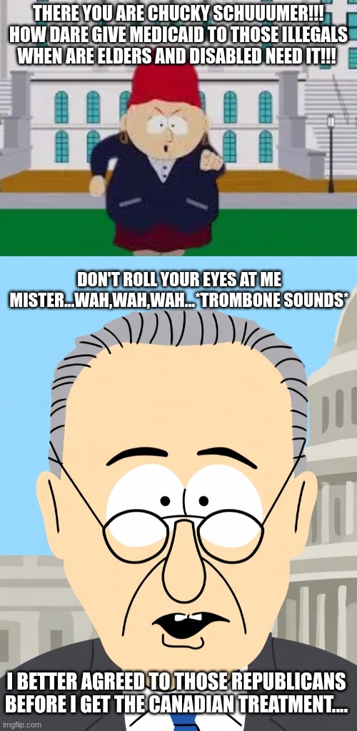 Angry Shelia Broflovski VS Chuck Schumer | THERE YOU ARE CHUCKY SCHUUUMER!!! HOW DARE GIVE MEDICAID TO THOSE ILLEGALS WHEN ARE ELDERS AND DISABLED NEED IT!!! DON'T ROLL YOUR EYES AT ME MISTER...WAH,WAH,WAH...*TROMBONE SOUNDS*; I BETTER AGREED TO THOSE REPUBLICANS BEFORE I GET THE CANADIAN TREATMENT.... | image tagged in angry shelia,chuck schumer,government shutdown,medicaid,illegal | made w/ Imgflip meme maker