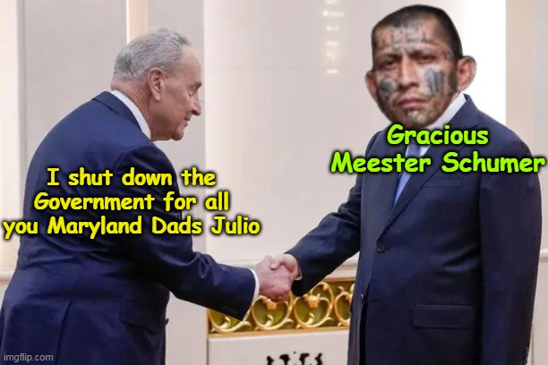 Schumer Schit Schow Schutdown ! | Gracious Meester Schumer; I shut down the Government for all you Maryland Dads Julio | image tagged in schumer shut down meme | made w/ Imgflip meme maker