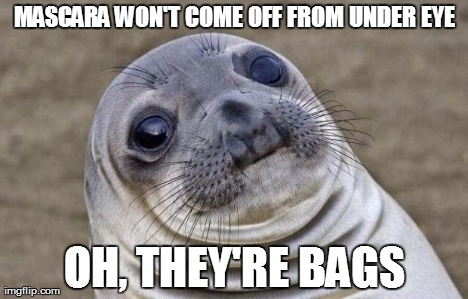 MASCARA WON'T COME OFF FROM UNDER EYE OH, THEY'RE BAGS | image tagged in memes,awkward moment sealion | made w/ Imgflip meme maker