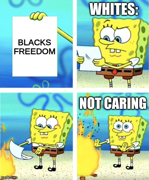 slavery | WHITES:; BLACKS FREEDOM; NOT CARING | image tagged in spongebob burning paper | made w/ Imgflip meme maker