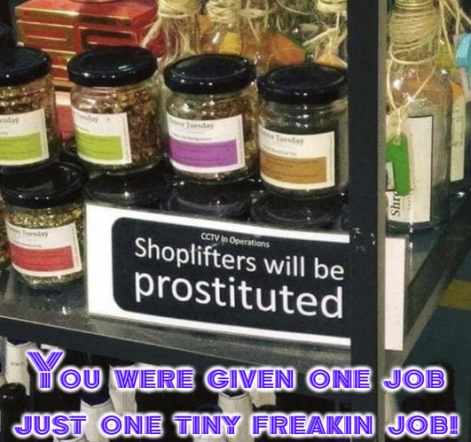 Just One Tiny Freakin Job | You were given one job just one tiny freakin job! | image tagged in you had one job,you had one job just the one,prostitution,epic fail,you're fired,hilarious memes | made w/ Imgflip meme maker