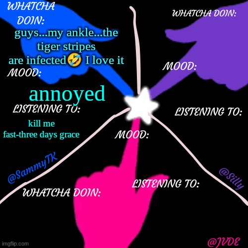 SJS shared temp. | guys...my ankle...the tiger stripes are infected🤣 I love it; annoyed; kill me fast-three days grace | image tagged in sjs shared temp | made w/ Imgflip meme maker