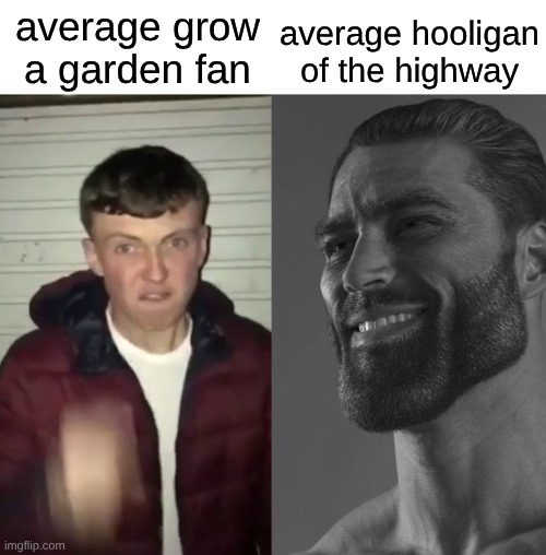 Average Fan vs Average Enjoyer | average grow a garden fan average hooligan of the highway | image tagged in average fan vs average enjoyer | made w/ Imgflip meme maker