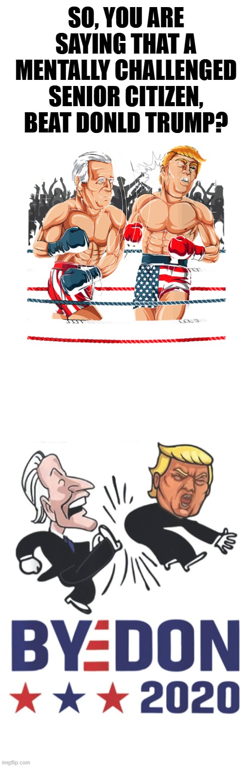 BIDEN BEAT TRUMP | SO, YOU ARE SAYING THAT A MENTALLY CHALLENGED SENIOR CITIZEN, BEAT DONLD TRUMP? | made w/ Imgflip meme maker