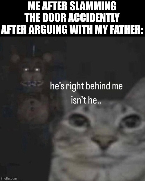 *21 gun salute starts playing* | ME AFTER SLAMMING THE DOOR ACCIDENTLY AFTER ARGUING WITH MY FATHER: | image tagged in he s right behind me isn t he | made w/ Imgflip meme maker