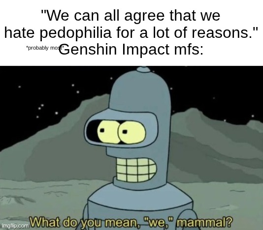 Rotting memes | "We can all agree that we hate pedophilia for a lot of reasons."
Genshin Impact mfs:; *probably most* | image tagged in what do you mean we mammal | made w/ Imgflip meme maker