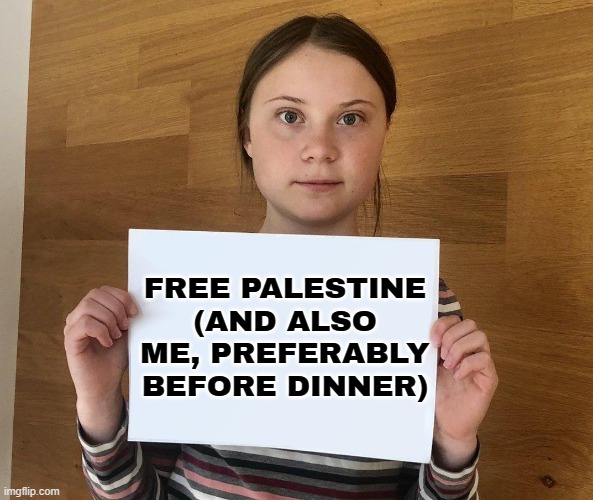 Greta Thunberg detained by Israeli forces after ‘attack’ on Gaza aid floatilla | FREE PALESTINE (AND ALSO ME, PREFERABLY BEFORE DINNER) | image tagged in greta,greta thunberg how dare you,israel,palestine,starving,breaking news | made w/ Imgflip meme maker