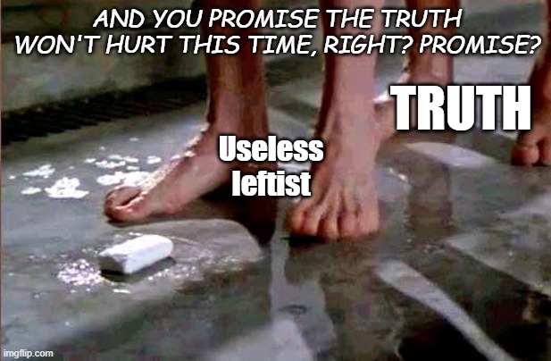 drop the soap | AND YOU PROMISE THE TRUTH WON'T HURT THIS TIME, RIGHT? PROMISE? Useless leftist TRUTH | image tagged in drop the soap | made w/ Imgflip meme maker