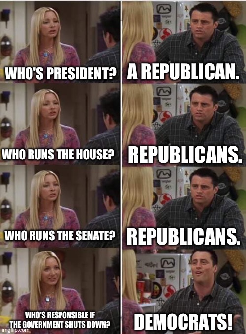 Phoebe Joey | A REPUBLICAN. WHO'S PRESIDENT? REPUBLICANS. WHO RUNS THE HOUSE? WHO RUNS THE SENATE? REPUBLICANS. WHO'S RESPONSIBLE IF THE GOVERNMENT SHUTS DOWN? DEMOCRATS! | image tagged in phoebe joey,government shutdown,republicans,donald trump | made w/ Imgflip meme maker