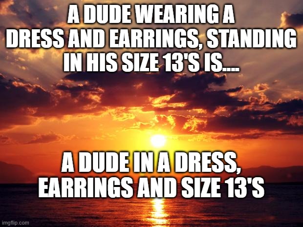 Sunset | A DUDE WEARING A DRESS AND EARRINGS, STANDING IN HIS SIZE 13'S IS.... A DUDE IN A DRESS, EARRINGS AND SIZE 13'S | image tagged in sunset | made w/ Imgflip meme maker