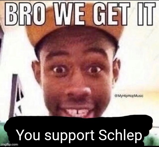 Bro we get it (blank) | You support Schlep | image tagged in bro we get it blank | made w/ Imgflip meme maker