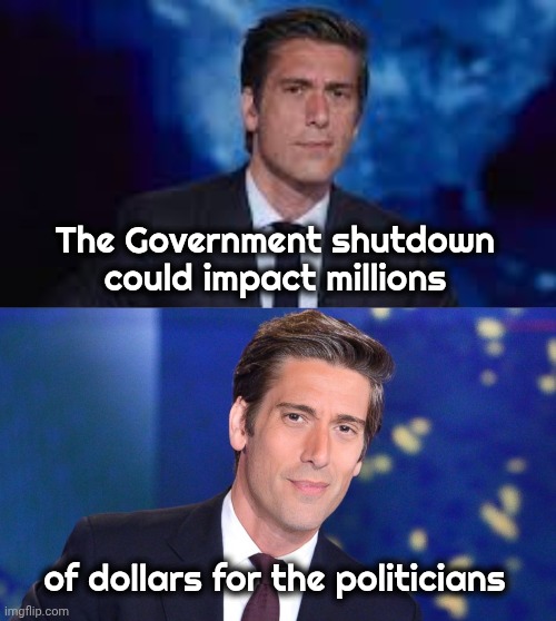 If they told the truth | The Government shutdown could impact millions; of dollars for the politicians | image tagged in david muir for president,biased media,panic attack,non-essential,fake news | made w/ Imgflip meme maker