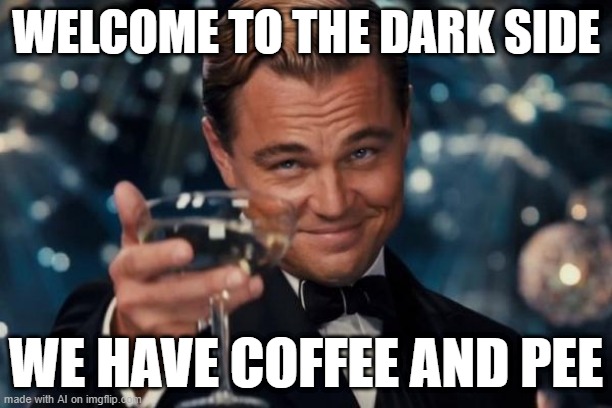 Let's say hello to the dark side | WELCOME TO THE DARK SIDE; WE HAVE COFFEE AND PEE | image tagged in memes,leonardo dicaprio cheers,funny | made w/ Imgflip meme maker