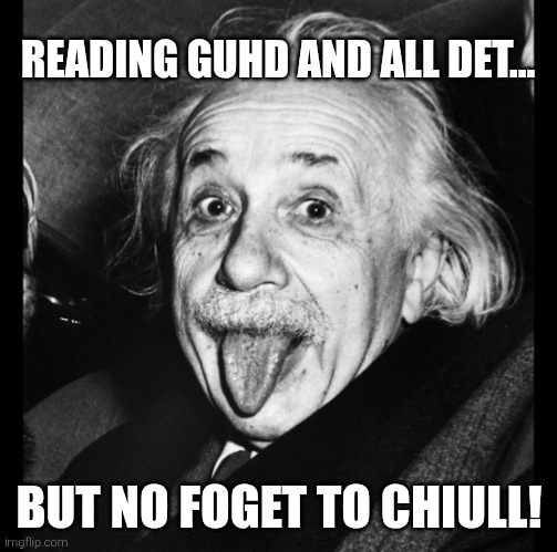 Albert Einstein tongue out | READING GUHD AND ALL DET... BUT NO FOGET TO CHIULL! | image tagged in albert einstein tongue out | made w/ Imgflip meme maker