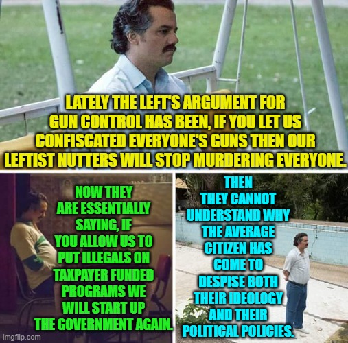 Your mistake, leftists, was letting the people see and hear the REAL . . . you. | LATELY THE LEFT'S ARGUMENT FOR GUN CONTROL HAS BEEN, IF YOU LET US CONFISCATED EVERYONE'S GUNS THEN OUR LEFTIST NUTTERS WILL STOP MURDERING EVERYONE. THEN THEY CANNOT UNDERSTAND WHY THE AVERAGE CITIZEN HAS COME TO DESPISE BOTH THEIR IDEOLOGY AND THEIR POLITICAL POLICIES. NOW THEY ARE ESSENTIALLY SAYING, IF YOU ALLOW US TO PUT ILLEGALS ON TAXPAYER FUNDED PROGRAMS WE WILL START UP THE GOVERNMENT AGAIN. | image tagged in sad pablo escobar | made w/ Imgflip meme maker