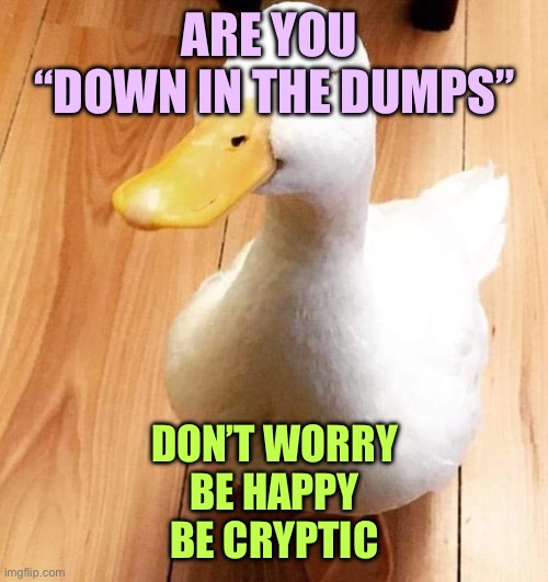 SMILE DUCK | ARE YOU 
“DOWN IN THE DUMPS”; DON’T WORRY
BE HAPPY
BE CRYPTIC | image tagged in smile duck | made w/ Imgflip meme maker