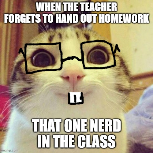 the nerd | WHEN THE TEACHER FORGETS TO HAND OUT HOMEWORK; THAT ONE NERD IN THE CLASS | image tagged in memes,smiling cat | made w/ Imgflip meme maker