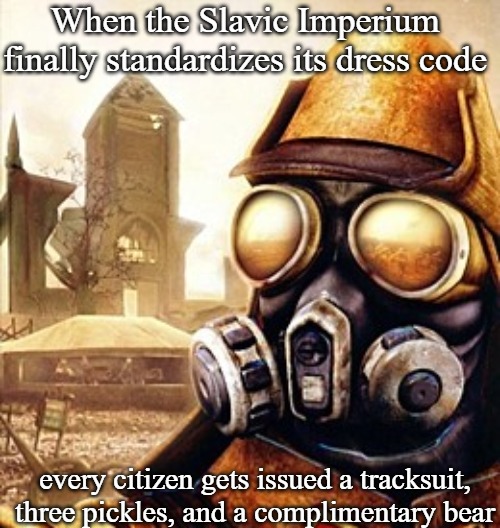 Slavic Iron Storm | When the Slavic Imperium finally standardizes its dress code; every citizen gets issued a tracksuit, three pickles, and a complimentary bear | image tagged in slavic iron storm,slavic imperium,slavic lives matter | made w/ Imgflip meme maker