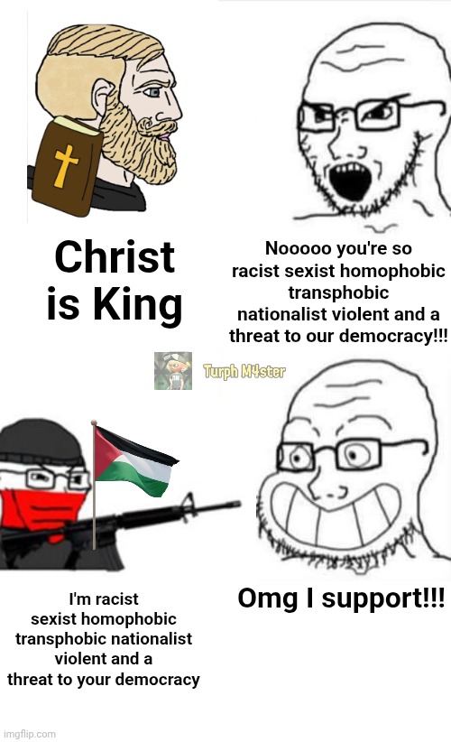 standard standard | Nooooo you're so racist sexist homophobic transphobic nationalist violent and a threat to our democracy!!! Christ is King; I'm racist sexist homophobic transphobic nationalist violent and a threat to your democracy; Omg I support!!! | image tagged in angry and happy soyjak flipped,blank white template,palestine | made w/ Imgflip meme maker