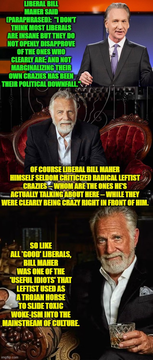No Bill, you cannot excuse yourself from responsibility for turning a blind eye to toxic leftism. | LIBERAL BILL MAHER SAID (PARAPHRASED):  "I DON'T THINK MOST LIBERALS ARE INSANE BUT THEY DO NOT OPENLY DISAPPROVE OF THE ONES WHO CLEARLY ARE; AND NOT MARGINALIZING THEIR OWN CRAZIES HAS BEEN THEIR POLITICAL DOWNFALL."; OF COURSE LIBERAL BILL MAHER HIMSELF SELDOM CRITICIZED RADICAL LEFTIST CRAZIES -- WHOM ARE THE ONES HE'S ACTUALLY TALKING ABOUT HERE -- WHILE THEY WERE CLEARLY BEING CRAZY RIGHT IN FRONT OF HIM. SO LIKE ALL 'GOOD' LIBERALS, BILL MAHER WAS ONE OF THE 'USEFUL IDIOTS' THAT LEFTIST USED AS A TROJAN HORSE TO SLIDE TOXIC WOKE-ISM INTO THE MAINSTREAM OF CULTURE. | image tagged in yep | made w/ Imgflip meme maker