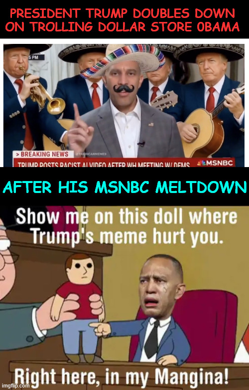 Dollar Store 0bama upset over a meme | PRESIDENT TRUMP DOUBLES DOWN ON TROLLING DOLLAR STORE 0BAMA; AFTER HIS MSNBC MELTDOWN | image tagged in jeffries,dollar store 0bama,triggered by meme | made w/ Imgflip meme maker