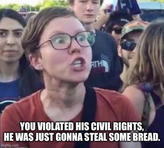 Angry Liberal | YOU VIOLATED HIS CIVIL RIGHTS, HE WAS JUST GONNA STEAL SOME BREAD. | image tagged in angry liberal | made w/ Imgflip meme maker