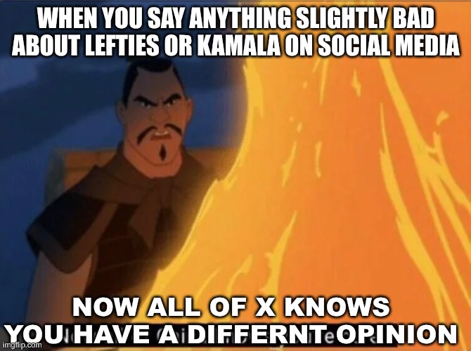 Now all of China knows you're here | WHEN YOU SAY ANYTHING SLIGHTLY BAD ABOUT LEFTIES OR KAMALA ON SOCIAL MEDIA; NOW ALL OF X KNOWS YOU HAVE A DIFFERNT OPINION | image tagged in now all of china knows you're here | made w/ Imgflip meme maker