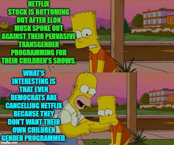 Of course Netflix DID hire the Obama's to contribute 'ideas' to their programming. | NETFLIX STOCK IS BOTTOMING OUT AFTER ELON MUSK SPOKE OUT AGAINST THEIR PERVASIVE TRANSGENDER PROGRAMMING FOR THEIR CHILDREN'S SHOWS. WHAT'S INTERESTING IS THAT EVEN DEMOCRATS ARE CANCELLING NETFLIX BECAUSE THEY DON'T WANT THEIR OWN CHILDREN GENDER PROGRAMMED. | image tagged in worst day of my life | made w/ Imgflip meme maker