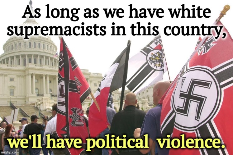 3/4's of the political violence in this country comes from the right. Trump finds that impossible to talk about. | As long as we have white supremacists in this country, we'll have political  violence. | image tagged in nazis neo-nazi flags parade capitol washington dc,trump,political violence,right wing,republicans,white supremacist | made w/ Imgflip meme maker