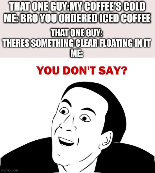 You Don't Say Meme | THAT ONE GUY: THERES SOMETHING CLEAR FLOATING IN IT
ME:; THAT ONE GUY:MY COFFEE'S COLD
ME: BRO YOU ORDERED ICED COFFEE | image tagged in memes,you don't say | made w/ Imgflip meme maker