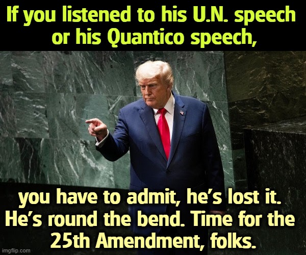 Senile dementia | If you listened to his U.N. speech 
or his Quantico speech, you have to admit, he's lost it. 
He's round the bend. Time for the 
25th Amendment, folks. | image tagged in trump,frontotemporal dementia,senile,25th amendment | made w/ Imgflip meme maker
