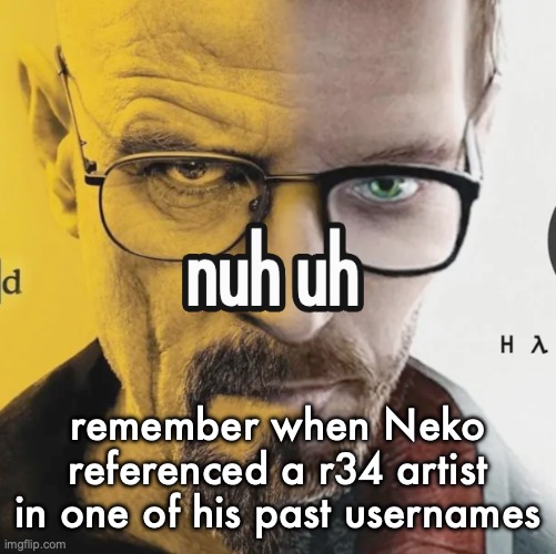nuh uh | remember when Neko referenced a r34 artist in one of his past usernames | image tagged in nuh uh | made w/ Imgflip meme maker