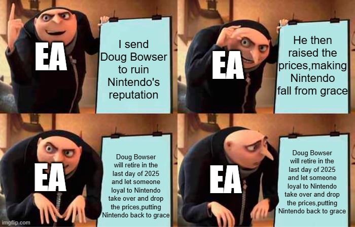 Doug Bowser's ties to EA are quite suspicious to me...... | EA; EA; He then raised the prices,making Nintendo fall from grace; I send Doug Bowser to ruin Nintendo's reputation; EA; EA; Doug Bowser will retire in the last day of 2025 and let someone loyal to Nintendo take over and drop the prices,putting Nintendo back to grace; Doug Bowser will retire in the last day of 2025 and let someone loyal to Nintendo take over and drop the prices,putting Nintendo back to grace | image tagged in gru's plan,nintendo,electronic arts | made w/ Imgflip meme maker
