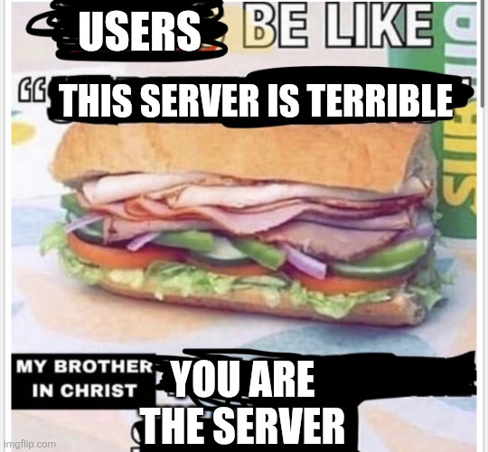 discord servers truly are the pinnacle of society | USERS; THIS SERVER IS TERRIBLE; YOU ARE THE SERVER | image tagged in my brother in christ subway,discord | made w/ Imgflip meme maker