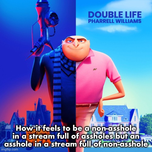 Double Life | How it feels to be a non-asshole in a stream full of assholes but an asshole in a stream full of non-asshole | image tagged in double life | made w/ Imgflip meme maker