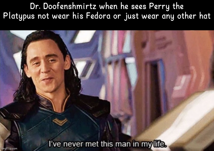 Tbh, I never watched Phineas and Ferb yet but I can confidentially say, this is very true! | Dr. Doofenshmirtz when he sees Perry the Platypus not wear his Fedora or just wear any other hat | image tagged in i have never met this man in my life | made w/ Imgflip meme maker