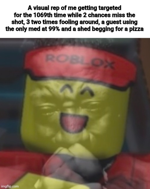 Why r the servers rn so chaotic | A visual rep of me getting targeted for the 1069th time while 2 chances miss the shot, 3 two times fooling around, a guest using the only med at 99% and a shed begging for a pizza | image tagged in roblox,roblox meme,forsaken,idk what to put here | made w/ Imgflip meme maker