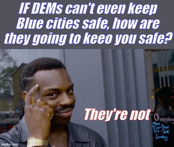 Liar, liar, pants on fireYour nose is longer than a telephone wire | IF DEMs can't even keep Blue cities safe, how are they going to keeo you safe? They're not | image tagged in memes,roll safe think about it | made w/ Imgflip meme maker