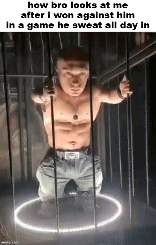 Goblin cage | how bro looks at me after i won against him in a game he sweat all day in | image tagged in goblin cage | made w/ Imgflip meme maker