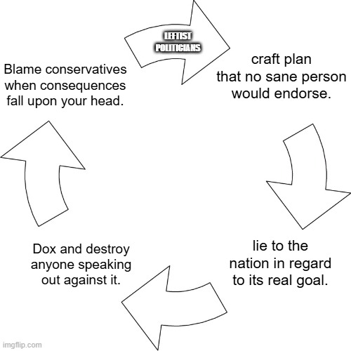 The leftist political circle of 'life'. | LEFTIST POLITICIANS; craft plan that no sane person would endorse. Blame conservatives when consequences fall upon your head. lie to the nation in regard to its real goal. Dox and destroy anyone speaking out against it. | image tagged in vicious cycle | made w/ Imgflip meme maker
