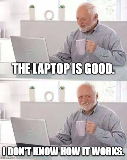 Funny man | THE LAPTOP IS GOOD. I DON'T KNOW HOW IT WORKS. | image tagged in memes,hide the pain harold | made w/ Imgflip meme maker