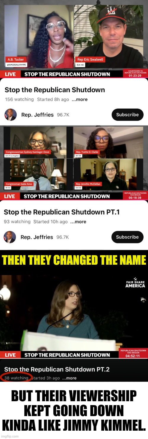 Democrat's Shutdown Strategy Doesn't Seem To Be Going So Well | THEN THEY CHANGED THE NAME; BUT THEIR VIEWERSHIP KEPT GOING DOWN KINDA LIKE JIMMY KIMMEL. | image tagged in memes,politics,democrats,shutdown,strategy,jimmy kimmel | made w/ Imgflip meme maker