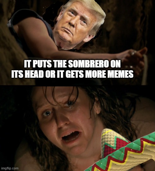 Temu Obama | IT PUTS THE SOMBRERO ON ITS HEAD OR IT GETS MORE MEMES | image tagged in buffalo bill | made w/ Imgflip meme maker
