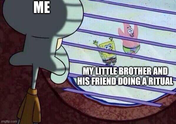 Bro What Are They Doing? | ME; MY LITTLE BROTHER AND HIS FRIEND DOING A RITUAL | image tagged in squidward window,memes,funny,spongebob | made w/ Imgflip meme maker
