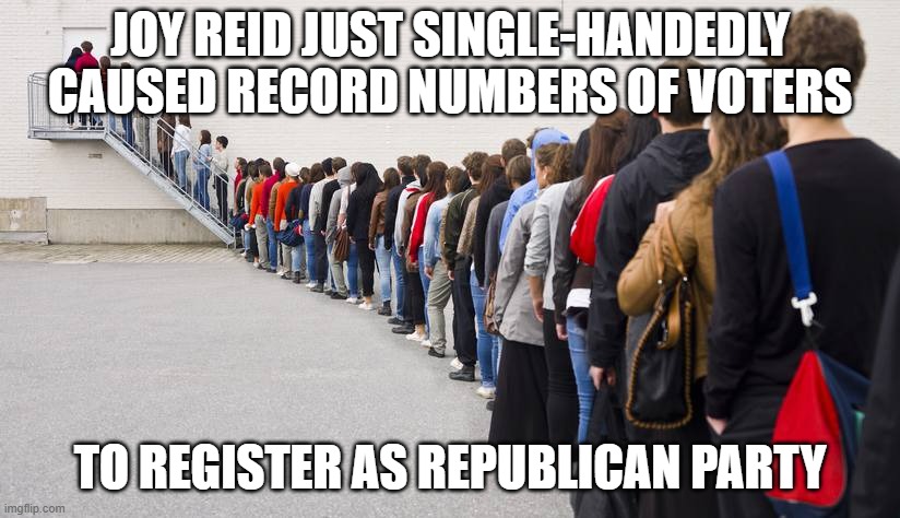 Waiting in line | JOY REID JUST SINGLE-HANDEDLY CAUSED RECORD NUMBERS OF VOTERS TO REGISTER AS REPUBLICAN PARTY | image tagged in waiting in line | made w/ Imgflip meme maker
