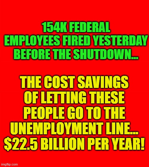 Bigass red blank template | 154K FEDERAL EMPLOYEES FIRED YESTERDAY BEFORE THE SHUTDOWN... THE COST SAVINGS OF LETTING THESE PEOPLE GO TO THE UNEMPLOYMENT LINE...
$22.5 BILLION PER YEAR! | image tagged in bigass red blank template | made w/ Imgflip meme maker